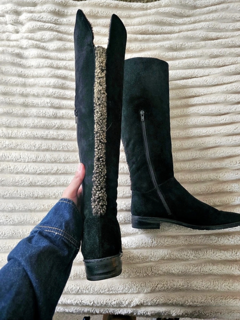Stuart Weitzman Myla Shearling Zip Boot Black Over the Knee Boots